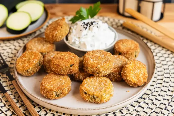 Knusprig frittierte Zucchini-Patties auf einem Teller mit Dip. Daneben liegen frische Zucchinischeiben.